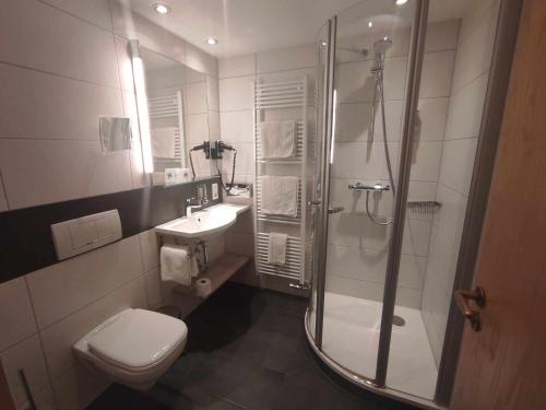 奈拉巴姆格鲁奈酒店的带淋浴、卫生间和盥洗盆的浴室