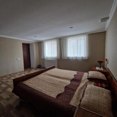 茨卡尔图博Colchis Guest House的配有窗户的客房内的一张大床