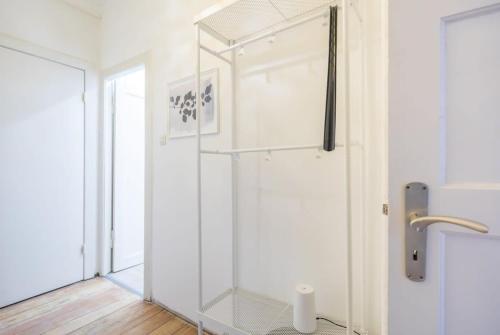 汉堡Cosy 2-room Apartment in urban location的白色浴室内的玻璃淋浴间