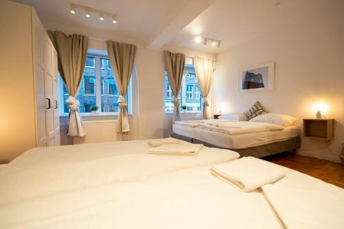 汉堡Living in Hamburg City Center的一间卧室设有两张床和窗户。