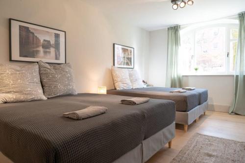 汉堡Spacious 3-bedroom apartment near Eilbekpark的一间卧室设有两张床和窗户。