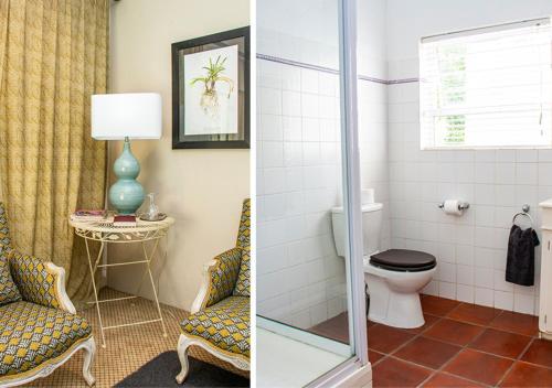 格雷顿Via's Guesthouse的浴室两张照片,带卫生间和椅子