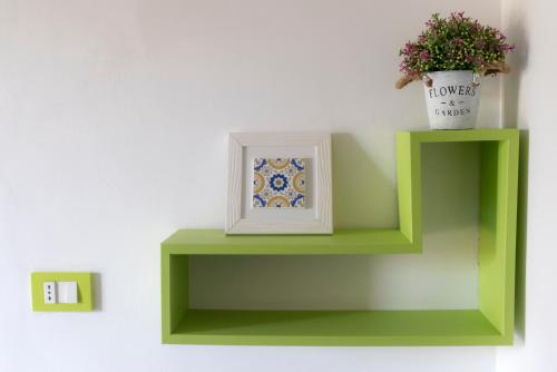 丽都迪奥斯蒂亚La Vittoria的绿色的架子,上面有一张照片和一株植物