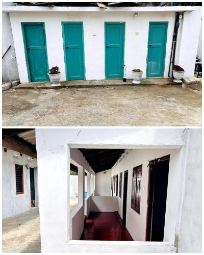 贾夫纳Nithusha holiday house நிதுஷா சுற்றுலா விடுதி+94 74 241 7475 whatsapp的两幅带绿门的白色建筑的照片