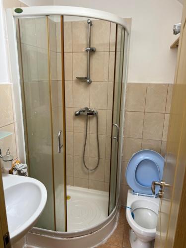 巴亚马雷B&B San Michele的带淋浴、卫生间和盥洗盆的浴室