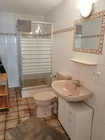 朗格内斯岛Ferienwohnung Uthlande的浴室配有卫生间、盥洗盆和淋浴。
