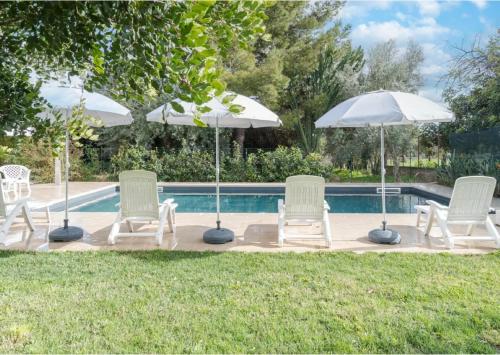 罗索利尼Zacchitella Garden House的一组椅子和遮阳伞,位于游泳池旁