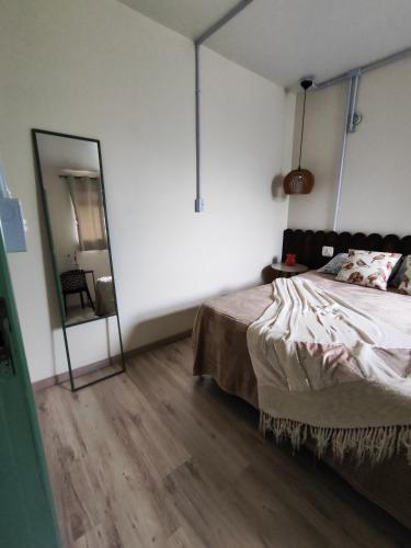 乌尼昂-达维多利亚Hospedagem do Mathe的一间卧室配有一张床和一面大镜子
