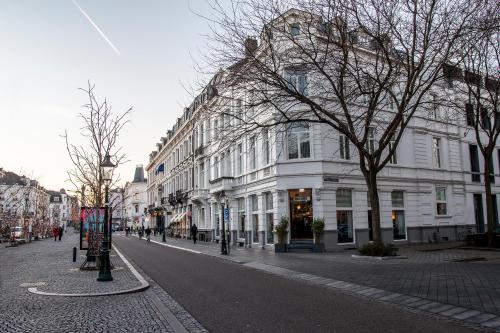 马斯特里赫特马斯特里赫特设计酒店的街道上一条有白色建筑和树木的城市街道