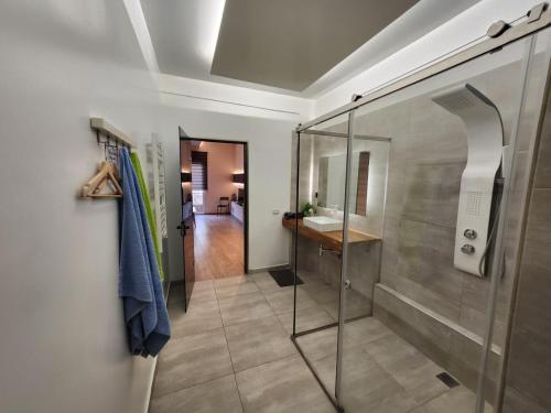 雅典Luxury Apartment Acropolis Syggrou的设有带步入式淋浴间和盥洗盆的浴室