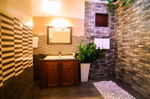 尼甘布Mac Cloud Villa的浴室设有水槽、镜子和植物