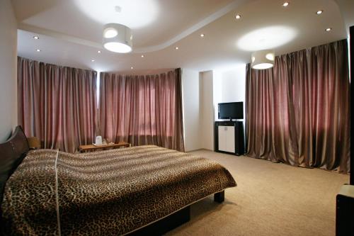 敖德萨Mini hotel in Observatorniy的一间卧室配有床、窗帘和电视