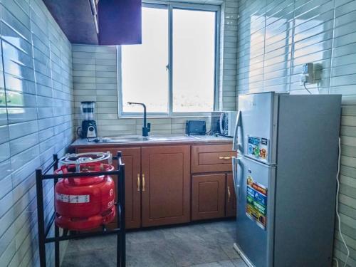 姆万扎SULTANA APPARTMENTS的厨房配有冰箱和窗户。