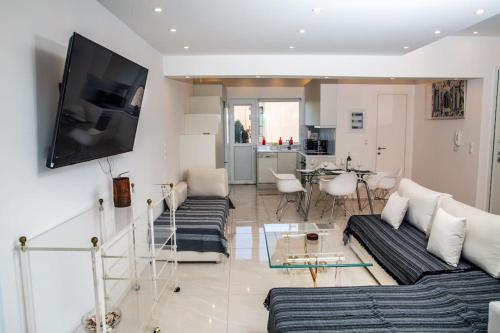 拉夫里翁Seafront central Apt in Lavrio的客厅配有2张沙发和1台平面电视