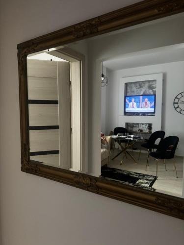 新鲁达Apartament Nowar的挂在墙上的镜子和客厅
