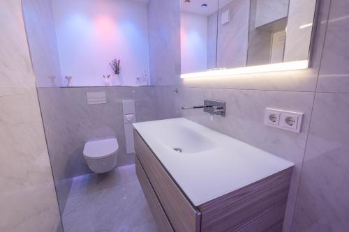 杜塞尔多夫TANIC Deluxe Apartment Garden Central Industrial Fair的白色的浴室设有水槽和卫生间。
