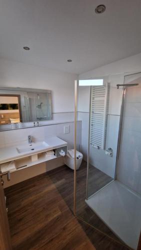 IpsheimSchwarzer Adler - Hotel Garni的带淋浴、盥洗盆和卫生间的浴室