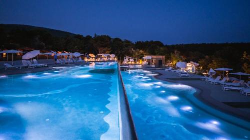 塞尔瑟Adrialux Camping Mobile Homes的夜间蓝色海水的大型游泳池