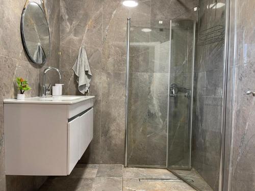 Gefenוילת אבן ספיר的带淋浴、水槽和镜子的浴室