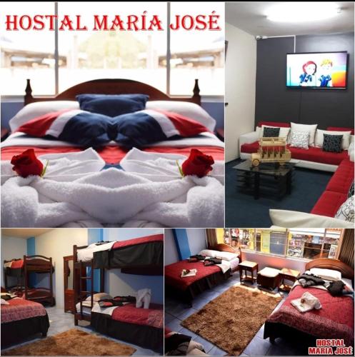 巴尼奥斯Hostal Maria José的一张床铺的酒店客房照片拼贴