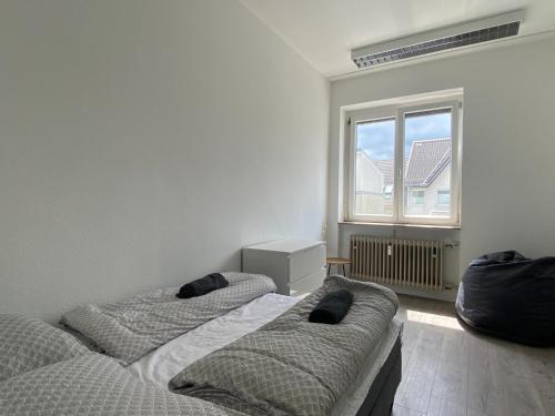 卡尔斯鲁厄Simplex Apartments Am Marktplatz的带窗户的客房内的两张床