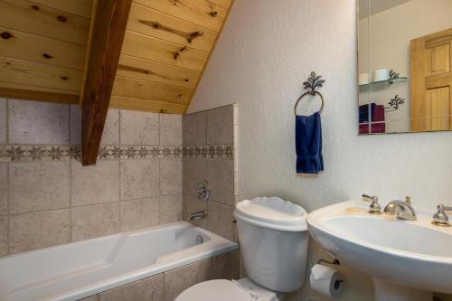 塔霍马The Lazy Bear Lodge的浴室配有卫生间、盥洗盆和浴缸。