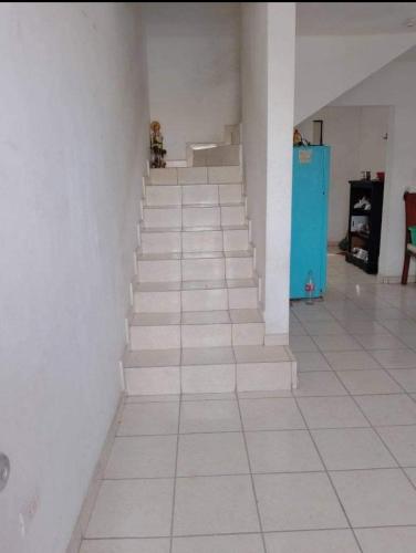 伊达尔戈州波萨里卡Martyshouse的走廊上设有白色楼梯和蓝色橱柜