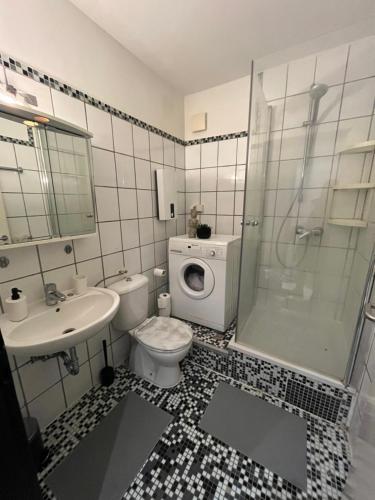 卡尔斯鲁厄Simplex Apartments Am Marktplatz的浴室配有卫生间、盥洗盆和淋浴。