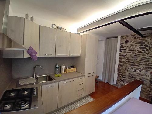 奥尔塔圣朱利奥Casa Longhi的厨房配有白色橱柜和石墙