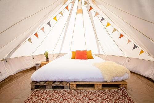 奥斯特坎普Boomkamp treehouses的帐篷内的卧室,配有一张床