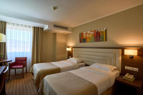 皮亚特拉-尼亚姆茨中央广场酒店 的酒店客房配有两张床和一张书桌