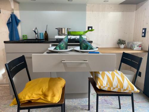 AeschiAuf Wolke 7 - Gäste-Studio im Mini House的厨房配有两把椅子和一张带黄色垫子的桌子