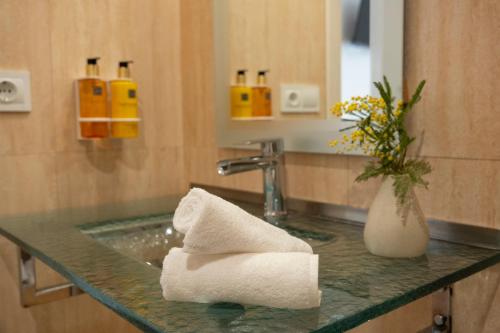 休拉纳Hotel Siuranella的浴室柜台配有毛巾和水槽