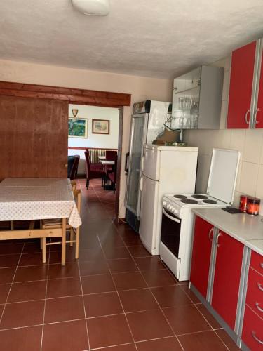 科拉欣Vila Rakoč的厨房配有红色橱柜和白色炉灶烤箱