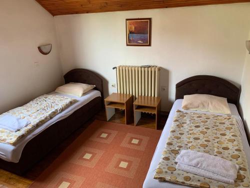 科拉欣Vila Rakoč的小房间设有两张床和椅子