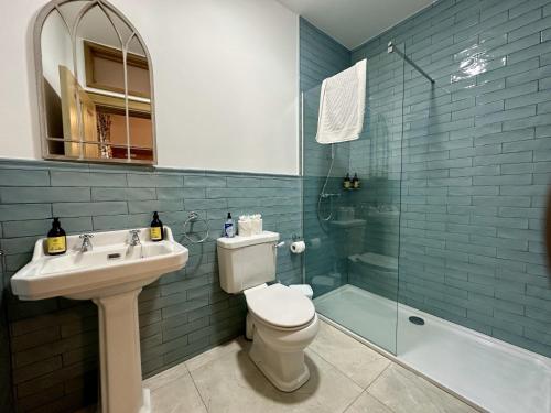 克莱尔戈尔韦Claregalway Castle的浴室配有卫生间、盥洗盆和淋浴。