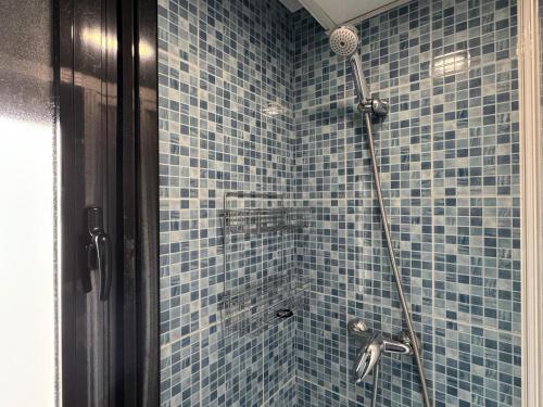 科尔多瓦Apartamento céntrico con terraza的蓝色瓷砖浴室设有淋浴和