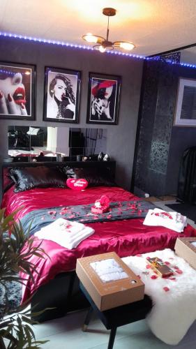 Saint-Étienne-de-Saint-GeoirsDiscrète room 38的卧室配有红色的床,墙上挂有图片