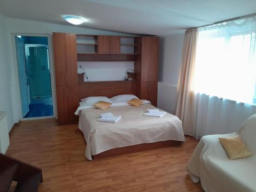奥托佩尼Old Pensiunea Otopeni的酒店客房设有两张床和窗户。