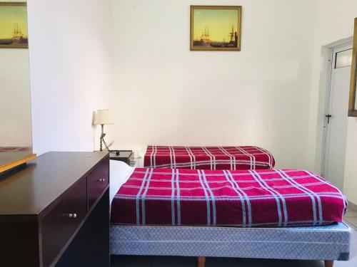 布宜诺斯艾利斯HOTEL PIAMONTE的一间卧室配有一张床和一个带紫色毯子的梳妆台。