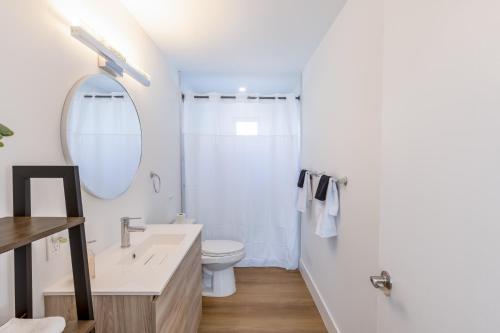 迈阿密King-Size Bed, Parking Free Near Brickell & Grove的一间带水槽、卫生间和镜子的浴室