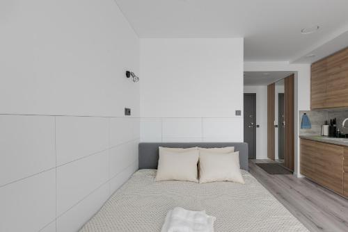 维尔纽斯Ozo eco apartments 5的白色客房,沙发上配有两个枕头