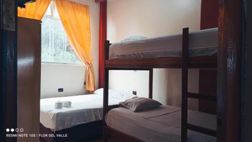 塔拉波托Hostel Flor del Valle的一间卧室设有两张双层床和一扇窗户。