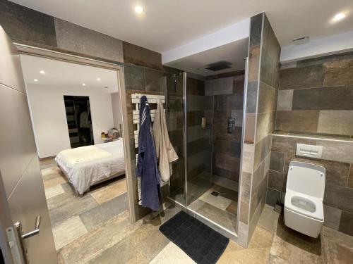 佩皮尼昂Entre Mer et Vignes Perpignan的带淋浴的浴室和客房内的一张床