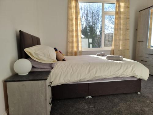 普里茅斯Radiant Accommodation Manor Lane的一间卧室设有一张大床和大窗户