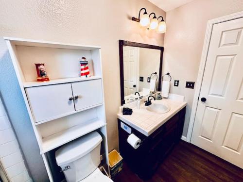 科斯戈尔德Lighthouse Suite Pet Friendly Hot Tub Sleeps 4的一间带水槽、卫生间和镜子的浴室