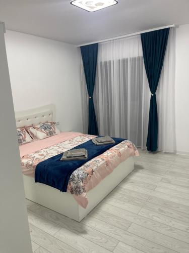 巴亚马雷Liviu的一间卧室配有蓝色窗帘的床