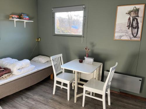 弗加尔巴卡Borgane 5的小房间设有一张床、一张桌子和椅子
