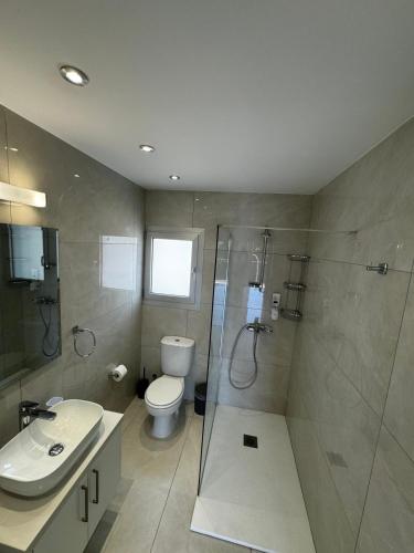 帕福斯Seaside Bliss 1-Bed Apt的浴室配有卫生间、淋浴和盥洗盆。