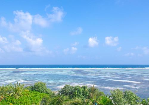 迪弗西Stone Beach Club的享有树木繁茂的海滩和大海的景致。